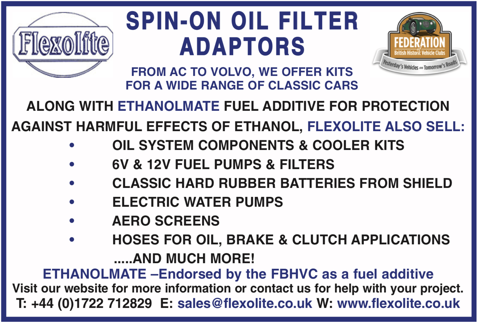 Flexolite - Spin-on oil filters, hoses, fuel systems, fluid systems for classic cars